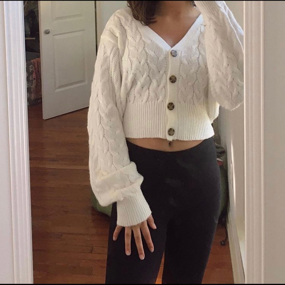 white button up sweater